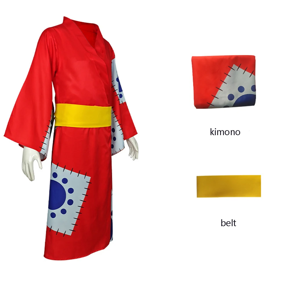 Luffy Cosplay Anime Monkey D Luffy Cosplay Costume Wano Country Kimono Wig Hat Red Kimono Halloween Costumes for Men Women view 3