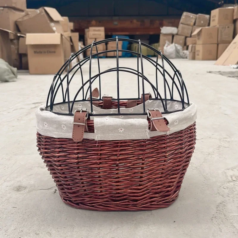 bicycle front handle basket, rubber rattan woven with cover pet cage pad removable and washable seat basket rattan braided