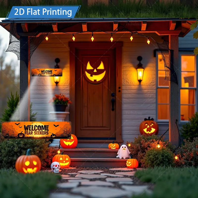 1pc Metal Sign, 4x16inch Halloween Welcome Sign: Fear Seekers Pumpkin Bat Decor for Fence