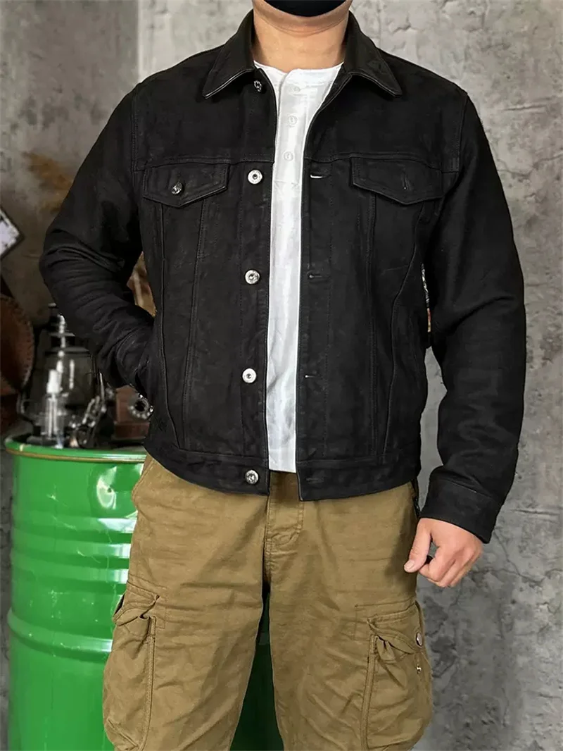 Retro Black Spring Leather Jacket Men Denim Style Plus Size 4XL Genuine Natural Sheepskin Single Breasted Leather Coat