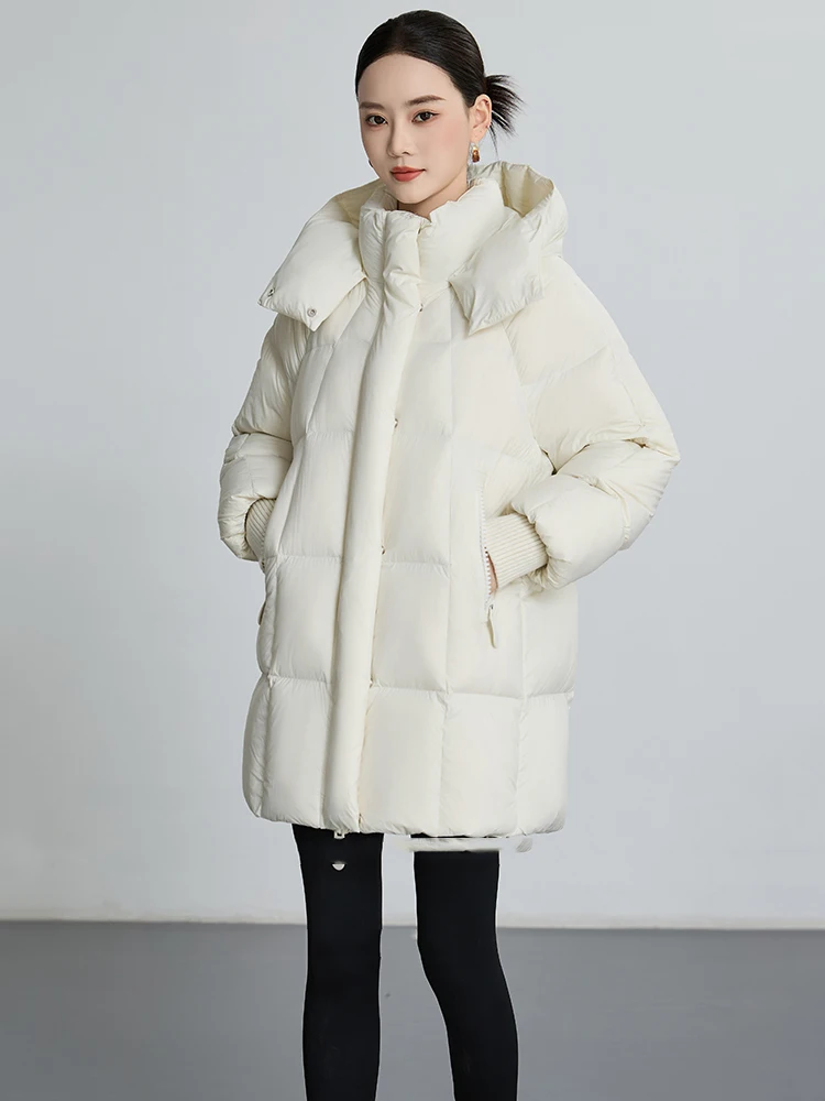 Winter Loose Mid Length Hooded Down Jacket Female Thicken Warm Drawstring Jackets Women White Duck Down Zipper Parker Outwears
