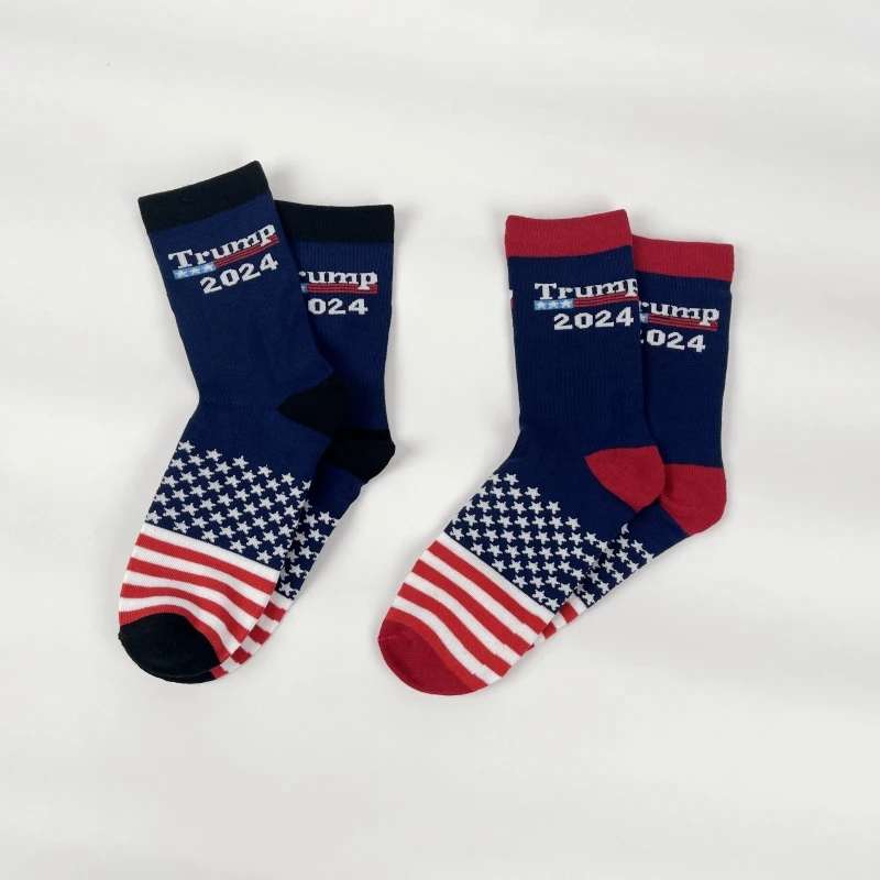 A Pair Of 2024 Trump Trend Star and Stripes Patterned Mens Mid-Tube Socks ,Comfortable,  Soft Cotton Blend Fabric,  Alphabetic P