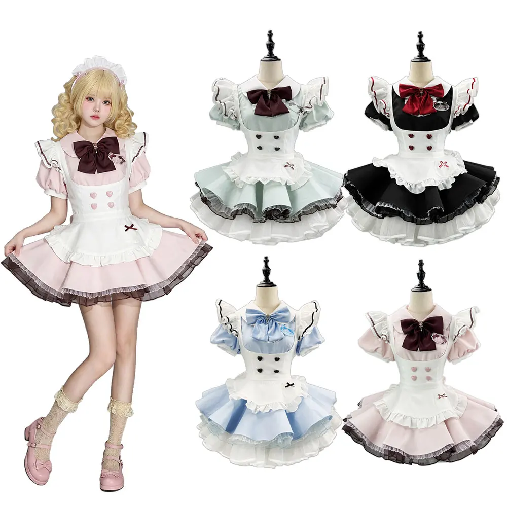 Kawaii Sweet Maid Lolita Suit Ruffle Mini Dress with Apron Bow Tie Cosplay Costume Women Halloween Comic-Con Disguise Outfits