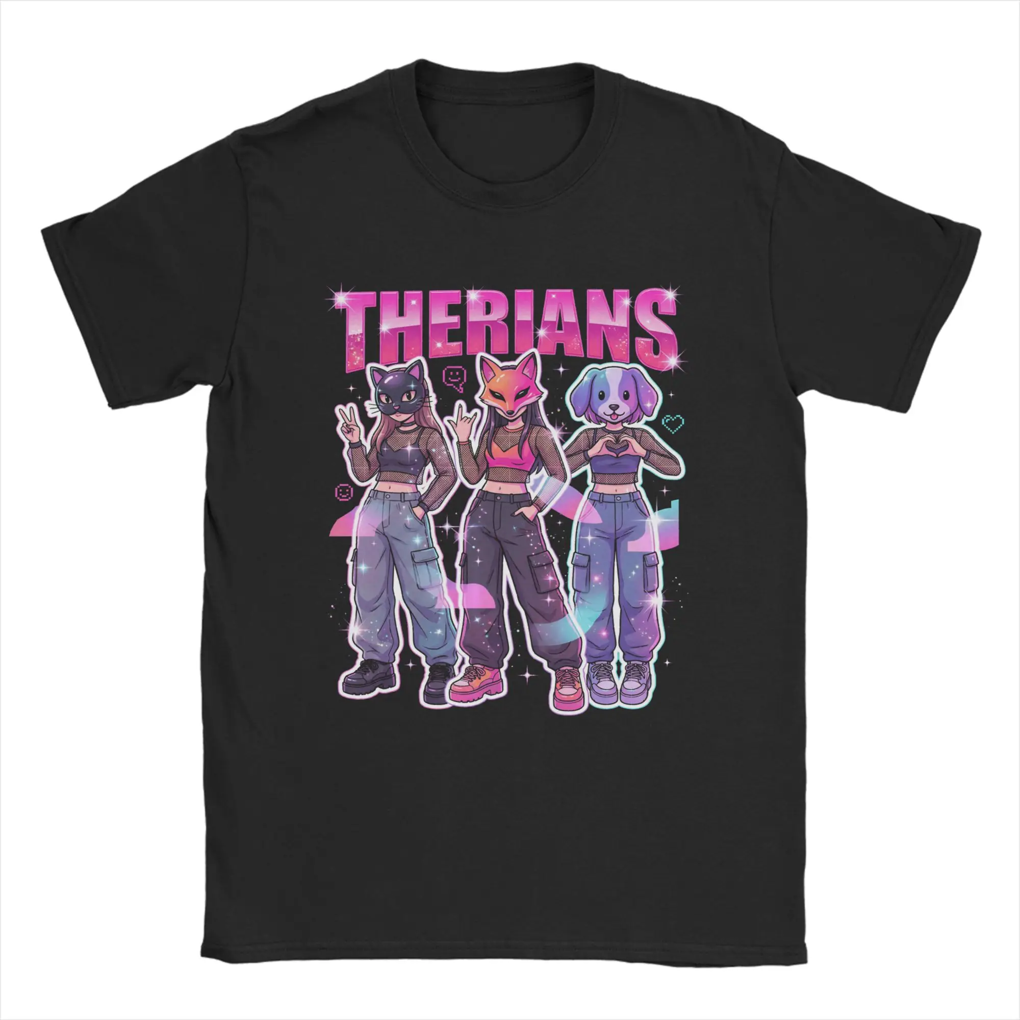 Men T-Shirt Therians Anime Girls Animal Masks Vaporwave Therian Cotton Tees Short Sleeve  T Shirt Crewneck Clothes Printed