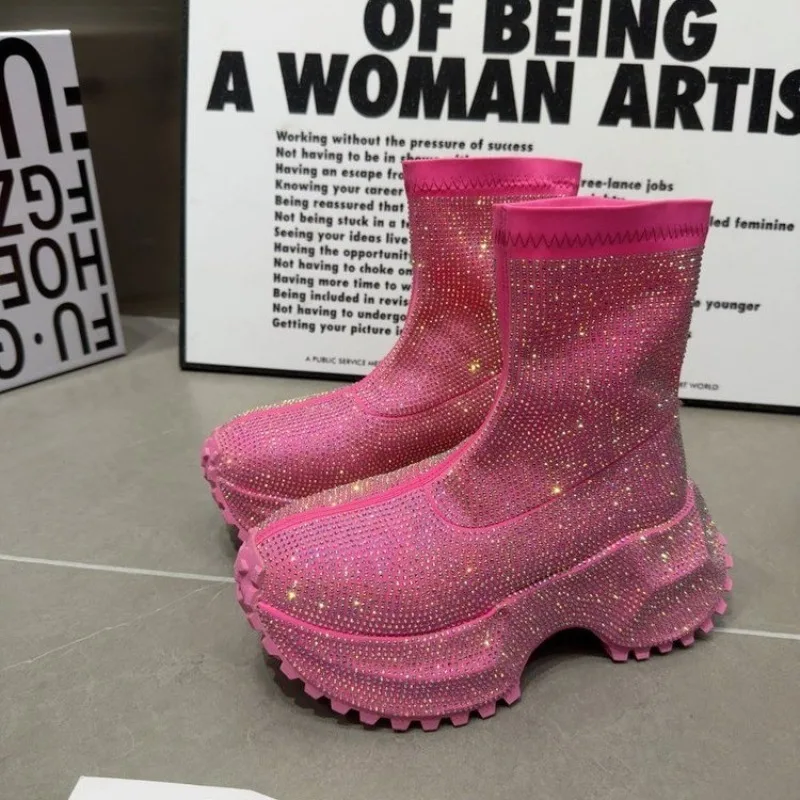 

Luxury Brand Crystal Ankle Boots Women Autumn Flats Platform Casual Sport Shoes Running Chelsea Botas Mujer Snow Elastic Boots