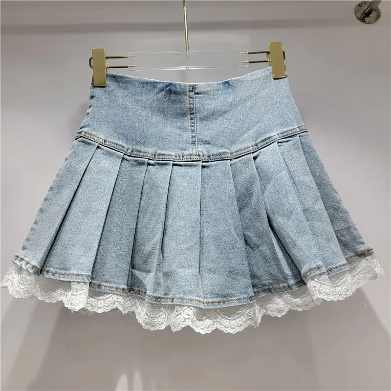 Lace Skirt Womens Summer 2025 New Sexy Girl Retro Streetwear Denim Shorts Dresses High Waist Slimming A-line Pleated Dress Y2k