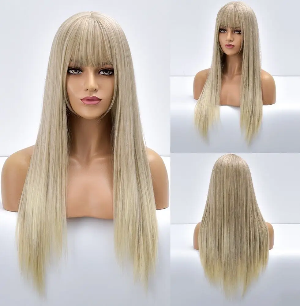 Long Straight Dress Up Wigs With Fringe Heat Resistant Hair Gradient blonde