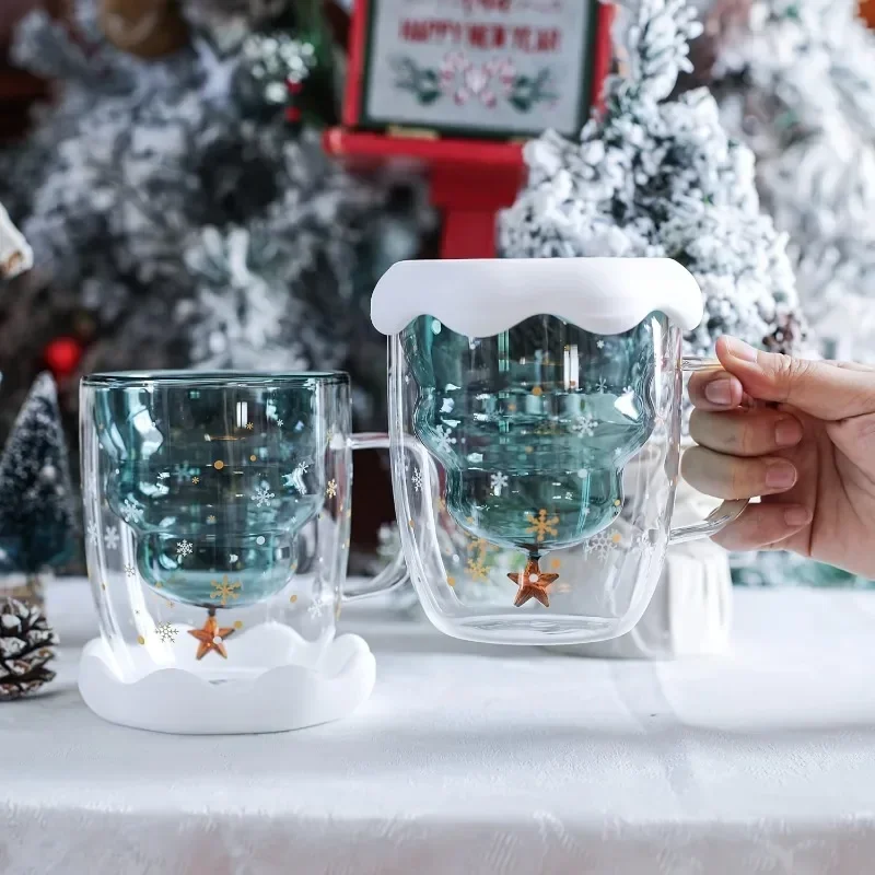 1pc, Christmas Tree Coffee Mug, Double Walled Glass Coffee Cups, Heat Insulated Water Cups, Summer Winter Drinkware, Xmas Gifts