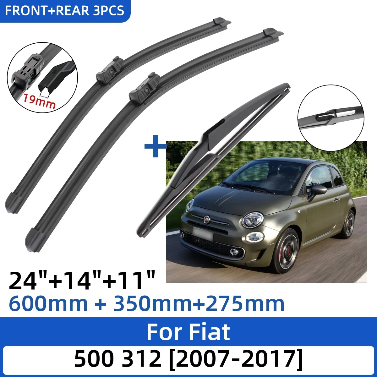 

Для Fiat 500 312 2007-2017 24 "+ 14" + 11 "передние и задние щетки стеклоочистителя лобовое стекло резак для окон аксессуары 2015 2016 2017