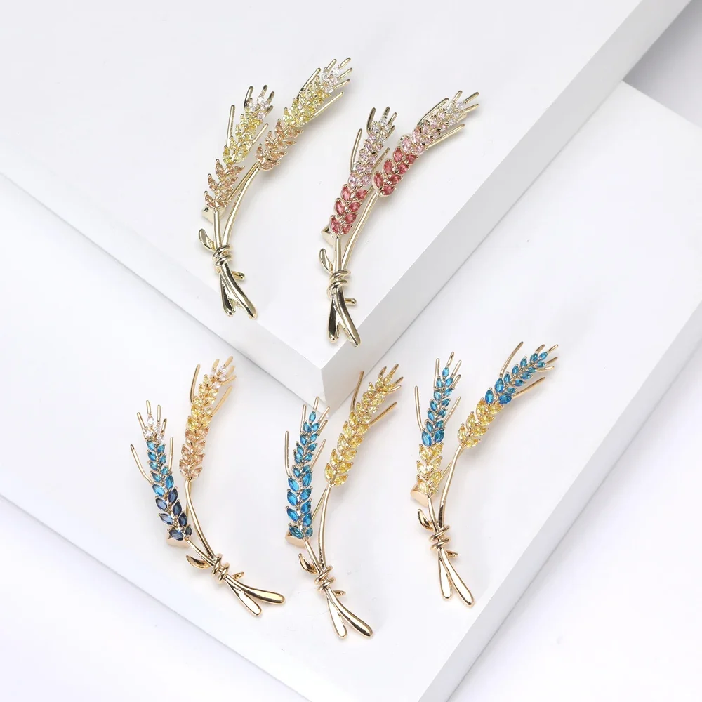 Copper Jewelry Accessories Zircon Ukraine Wheat Women Brooches For Clothing New Year Gift