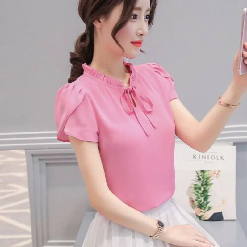 

Блузка с коротким рукавом, однотонная, простая, офисная, модная женская одежда, летняя, новая, элегантная, из шифона, больших размеров