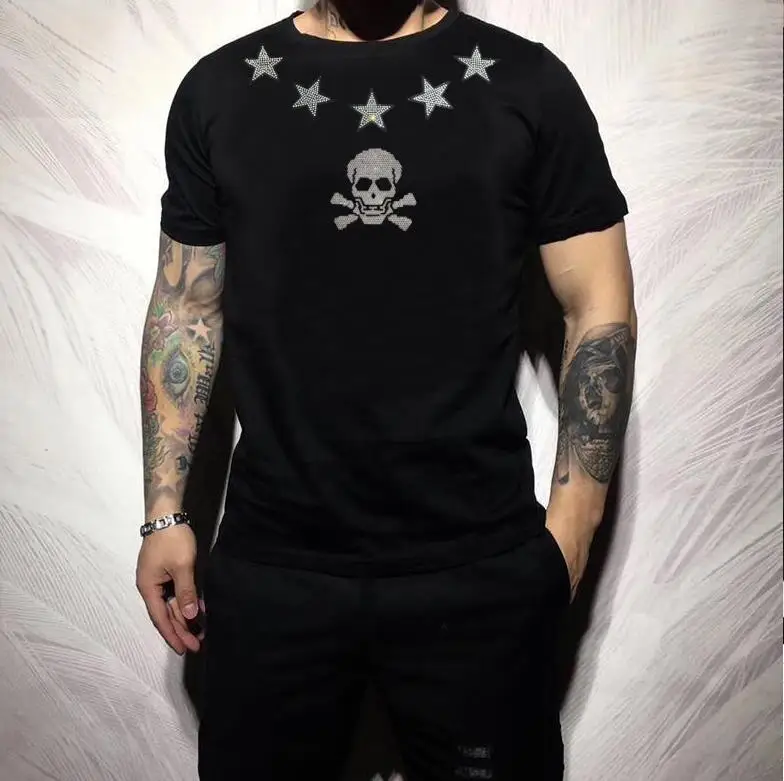 Rhinestone slim fit Men gift  Summer Casual T-shirt Streetwear Men's Clothing hot Fashion Designer