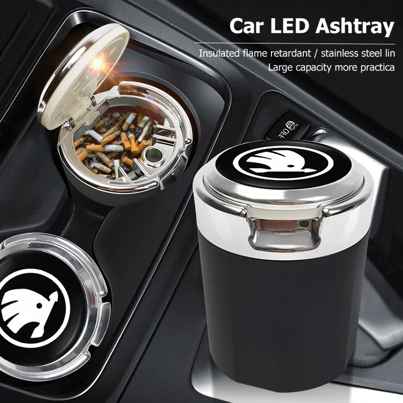 Car Emblem LED Ashtray Portable Smoke Ashes Holder For Skoda Octavia Superb Rapid Kodiaq Karoq Fabia Kamiq Enyaq Citigo Vision