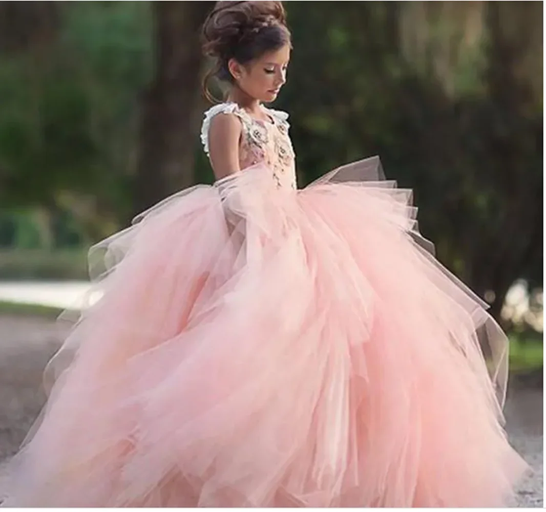 

Girl's Pageant Dress Long Tulle Flower Girl Dresses Sleeveless Appliques Ball Gown for Wedding Party Dresses