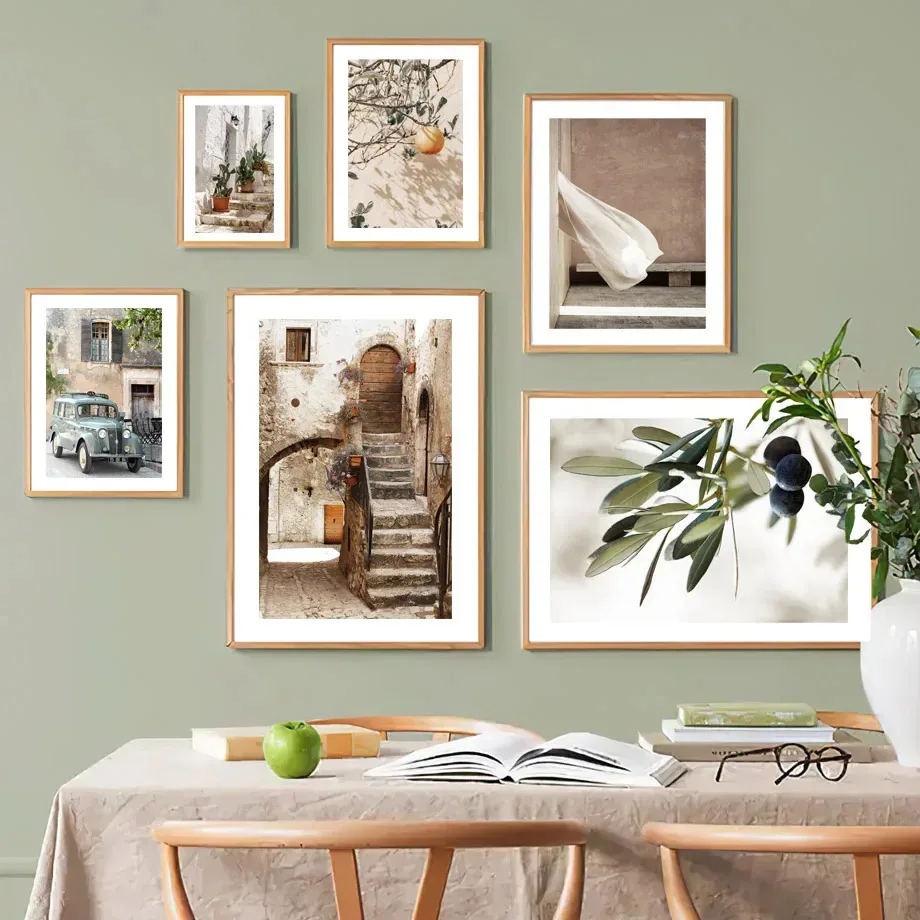 Mediterranean Beige Stairs Car Clay Pot Lemon Poster Print Canvas Painting Nordic Wall Art Pictures Living Room Home Decorati