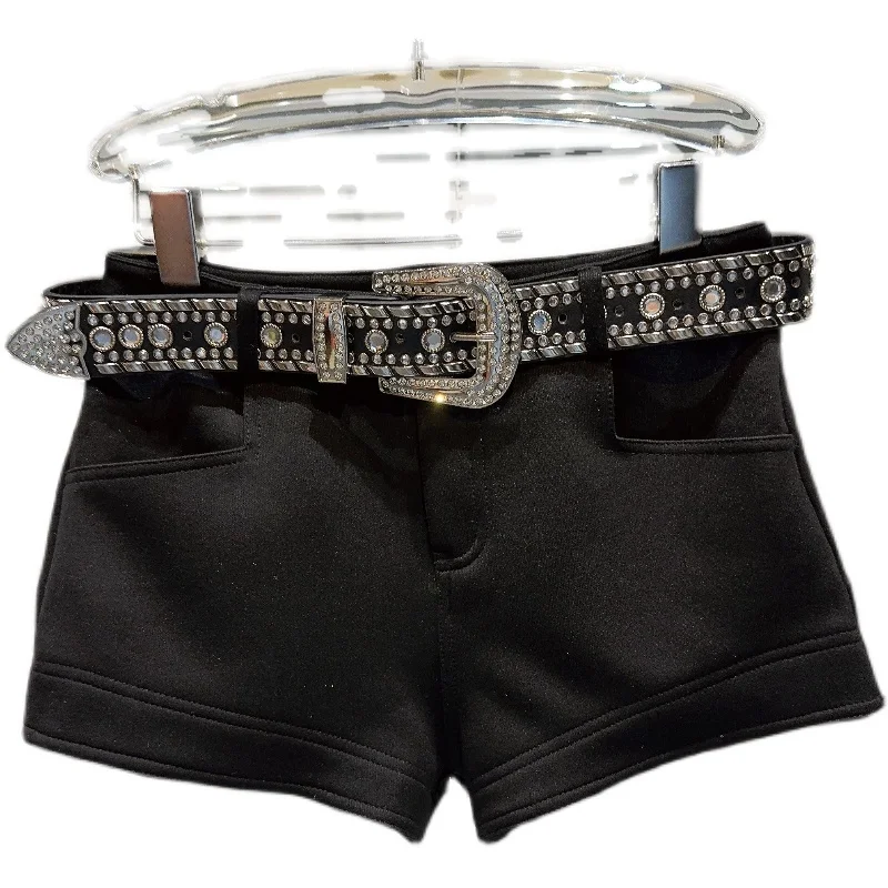 k Sle Heavy Work Cinto de strass de partículas grandes Design ort orts Super ort Calças para mulheres da moda Perna reta Casu...