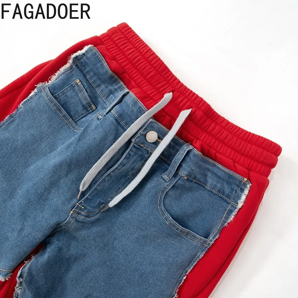 FAGADOER INS Trendy Denim Patchwork Pants Women High Waist Drawstring Sweatpants Jean Fringe Pockets Fashion Streetwear Autumn