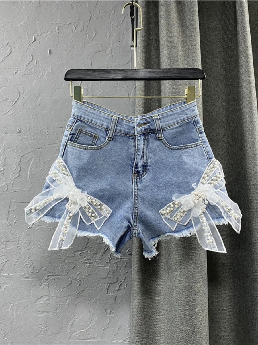 

New Summer High Waist A- Line Shorts Women's Fashion 3D Three-Dimensional Bow Beaded Jeans Short Pants Wide Leg Hot Pants