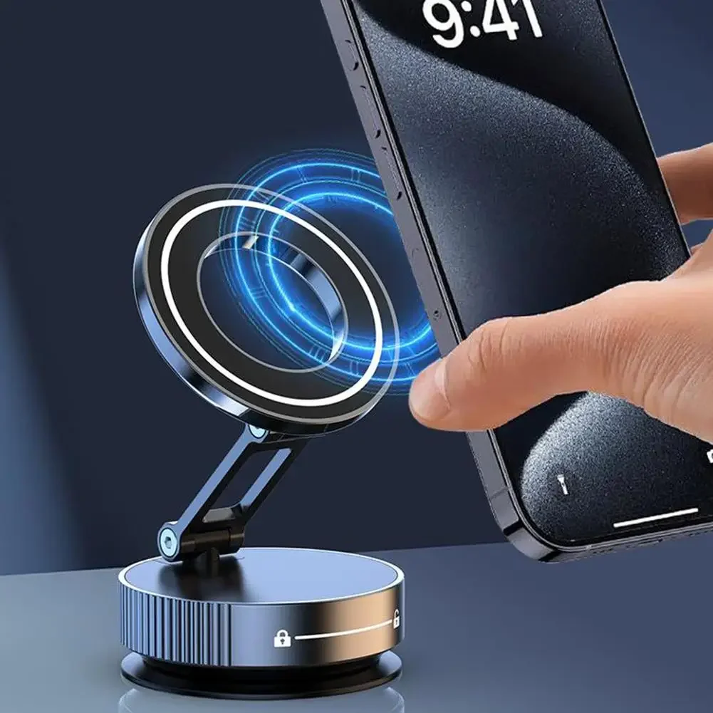 Upgraded Aluminum Alloy Vacuum Magnetic Car Phone Holder with 360° Rotation & Foldable Design Strong Magnetic Absorption