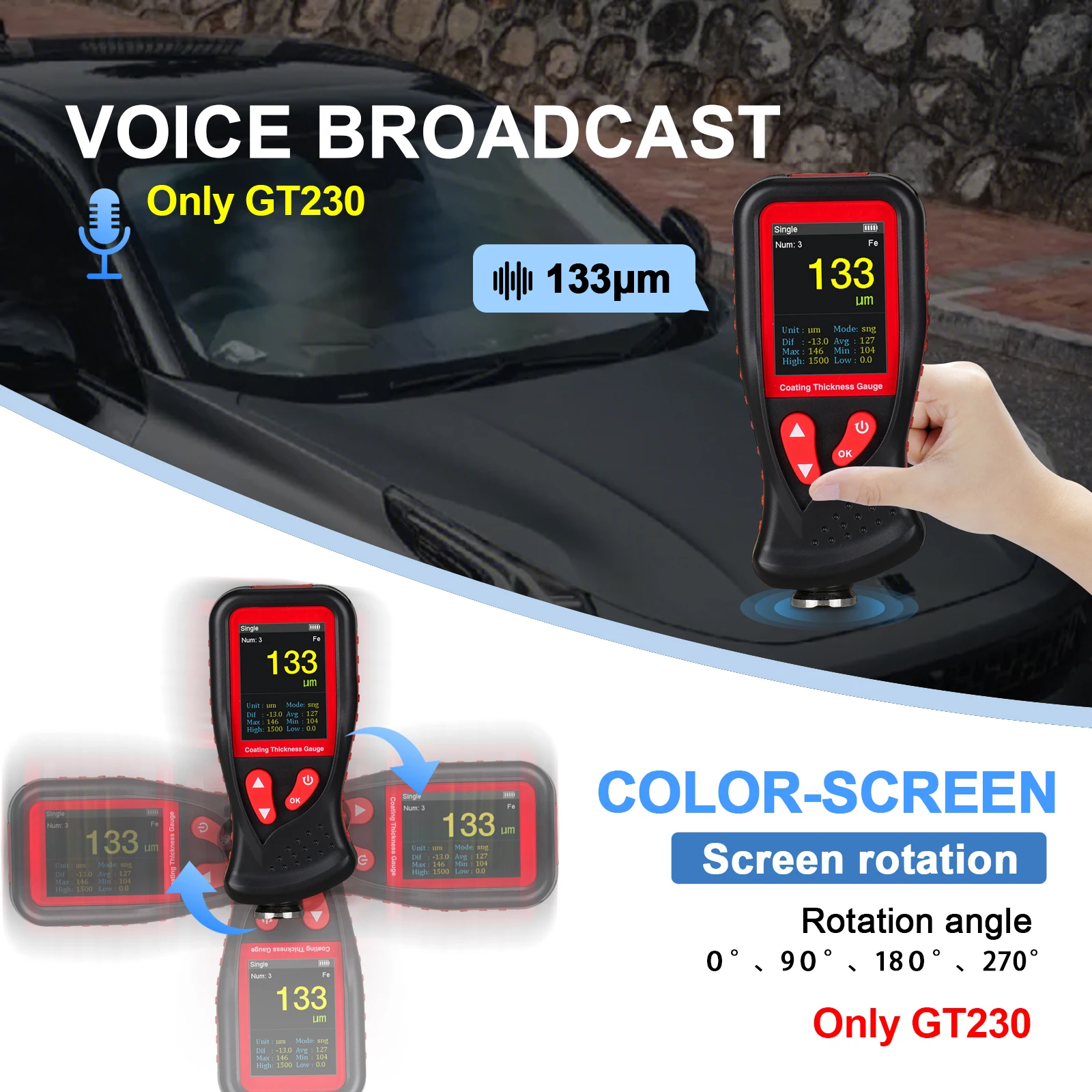 Xin Tester Handheld Coating Thickness Gauge Car Paint Film Depth Gauge Tester Measurement 0-1300/1800um