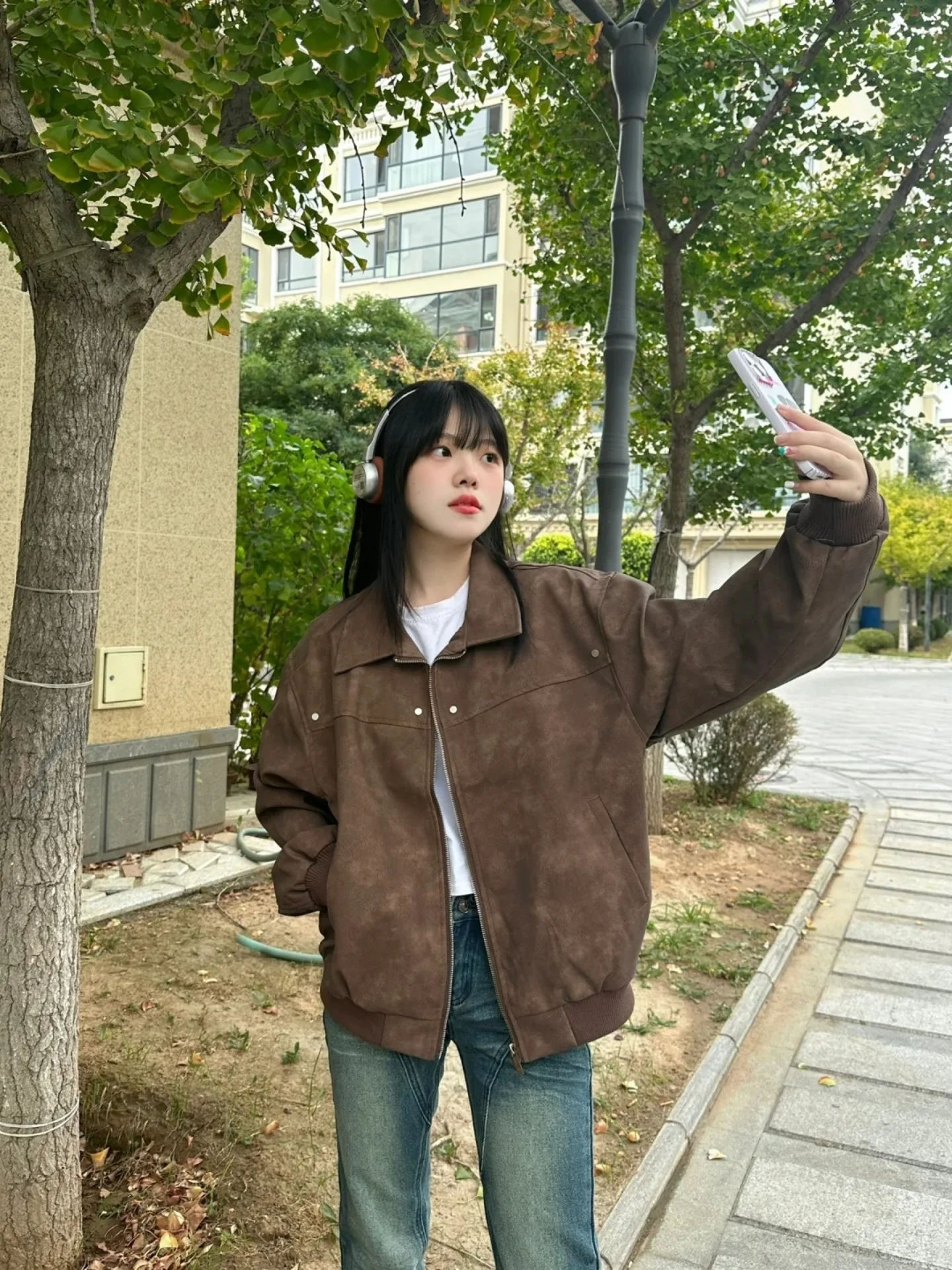 

American High Street Men's Loose Fit Pure Color PU Leather Jaet Autumn Winter Faion Brand Street Sle Trendy Coat