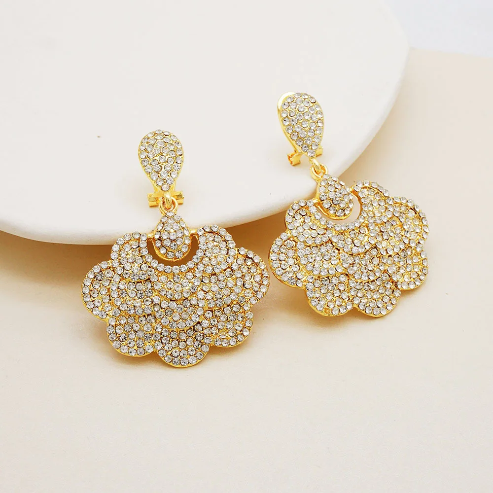 

AU999 24K Gold Full Pave Women's Earrings - Sparkling Sexy Design, Wedding Party Focus, Luxury Elegant