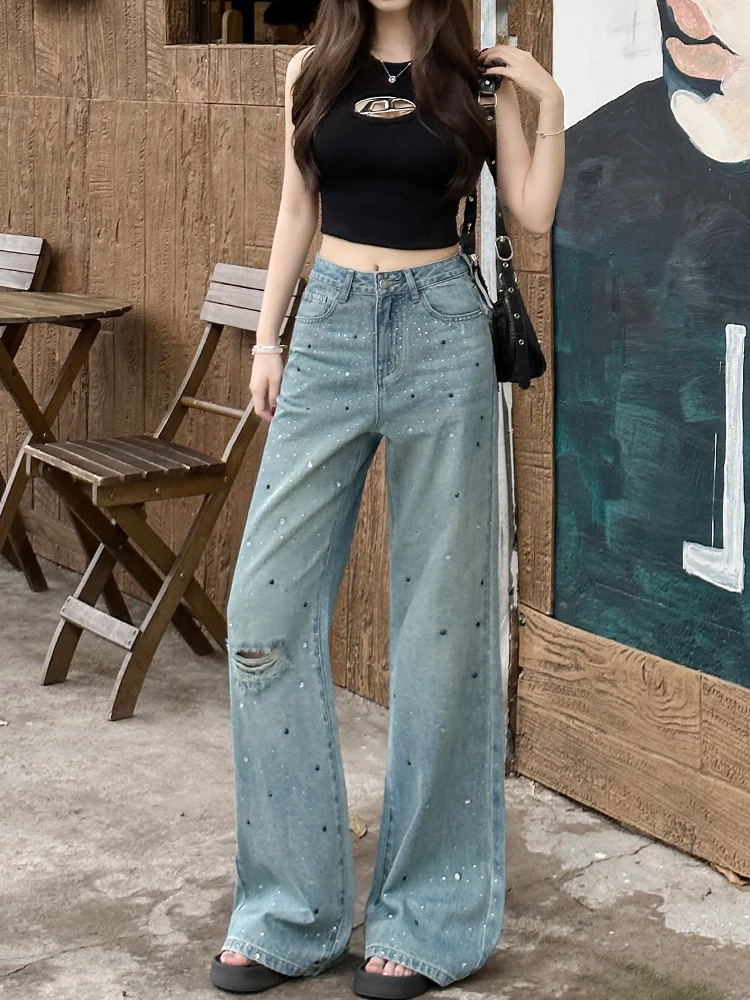 Pantalones vaqueros de pierna ancha con pierna recta y diamantes brillantes con agujero roto para mujer verano 2025, nuevos pantalones ligeramente ajustados de cintura alta
