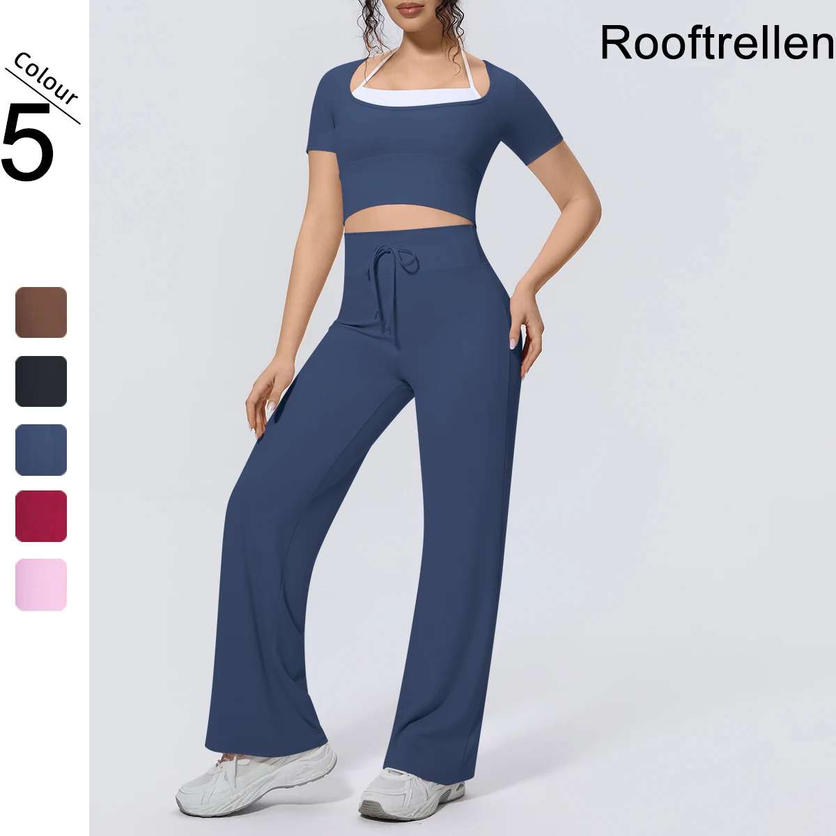 

Rooftrellen New Yoga Suit for Woman Quick Drying T-Shirt Summer Breathable Fitness Sports Drawstring Yoga Pants Gym Sports Set