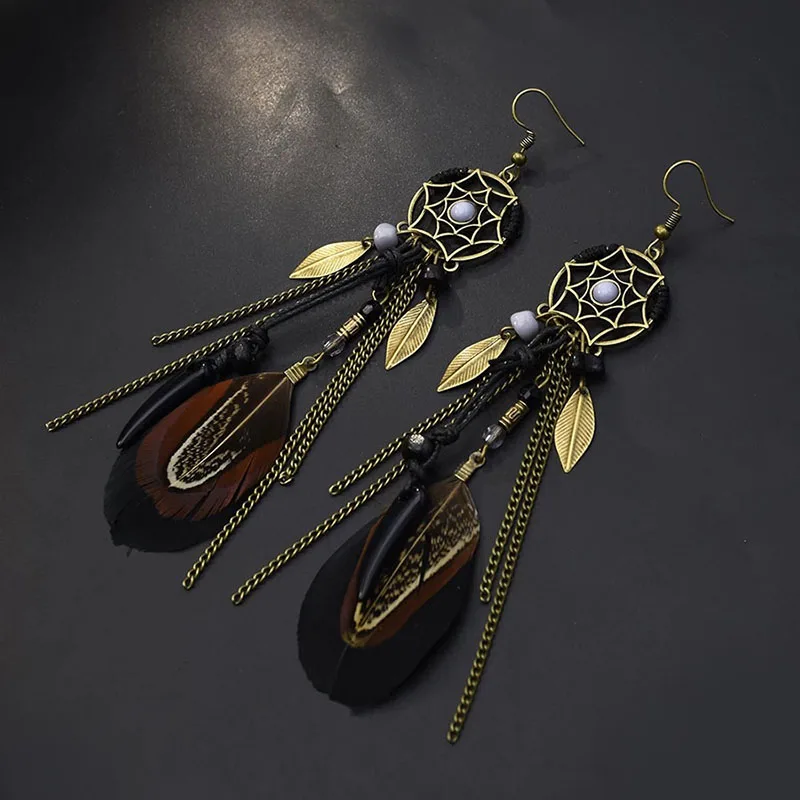 Boho Ethnic Dream Catcher Feather Antique Long Hook Earrings Fancy Handmade Chain Tassle Earring For Women Jewelry