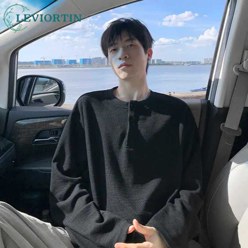 

Men's Spring and Autumn New Fashionable Casual Texture Hooded Bottom Shirt Lazy Style Half Open Collar Long Sleeve T-shirt