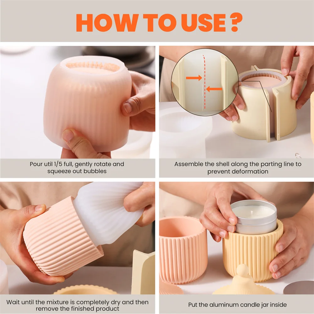 Carousel Ridged Candle Jar Concrete Molds with 6oz Aluminium Candle Tin DIY Reusable Candle Vessel Silicone Molds for Cement