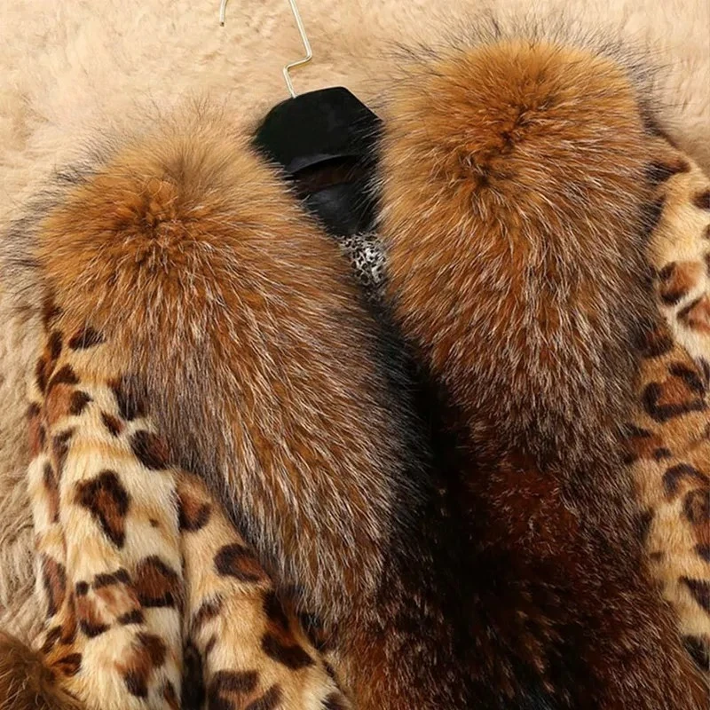 Fall/Winter 2025 Fur Coat Women's Long Leopard-like Raccoon Fur Collar Artificial Wool Warm Coat Fur
