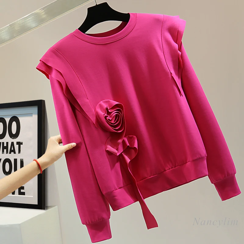 Heavy Industry Flower Crew Neck Long Sleeve Pullovers Women 2024 Autumn Loose Solid Color Fringed Casual Rose Pink Sweatshirt