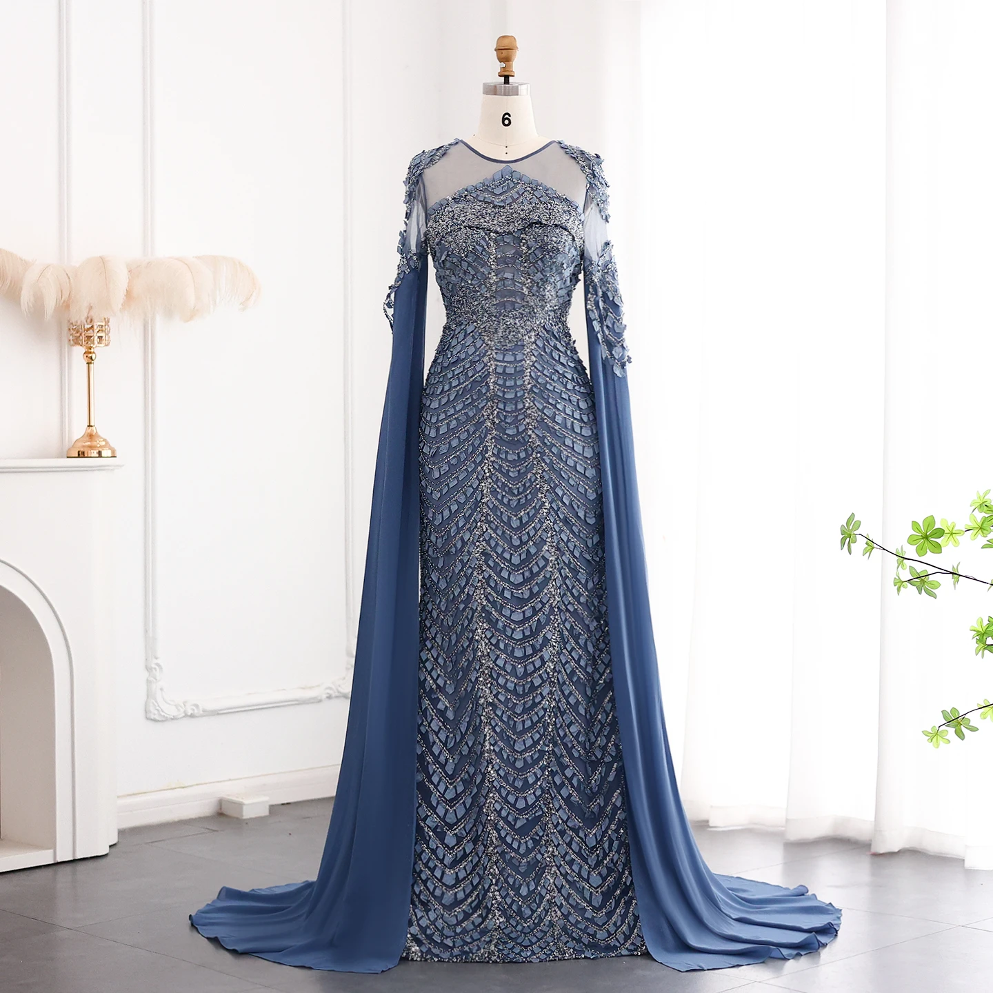 Arabic Orange Brown Mermaid Evening Dress with Cape Sleeves Luxury Dubai Blue Long White Wedding Party Gowns LSZ002