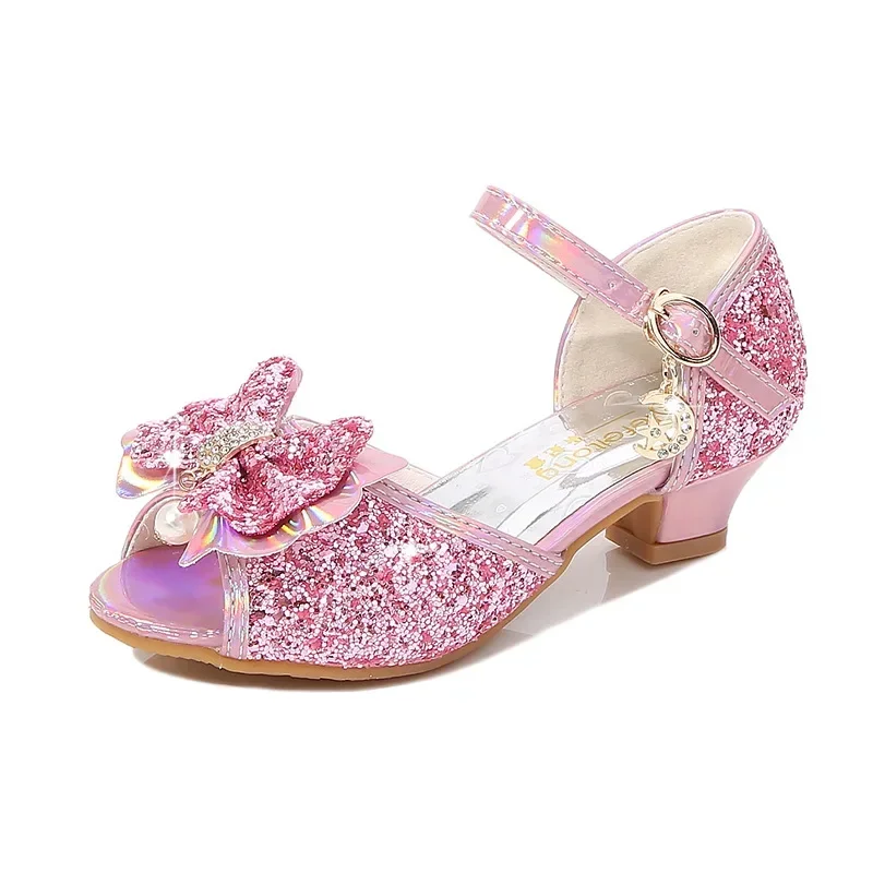 Kids Princess Wedding Leather Shoes Summer Classic Butterfly Knot Girls Crystal Sandals Glitter Party Dance Children High Heel