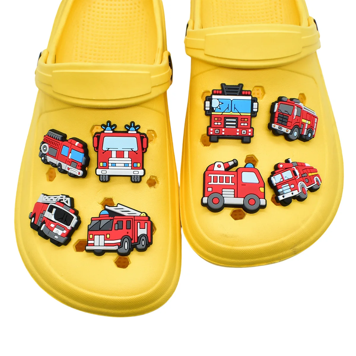 12pcs Fire Engine Series Shoe Charms Set For Bag Bubble Slides Sandals, PVC Shoe Decorations Accessories