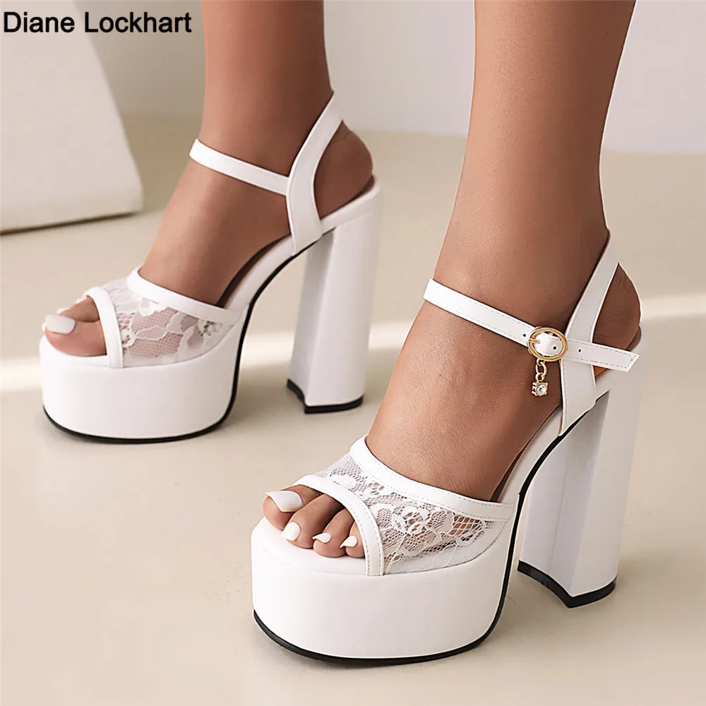 Lace Wedding Shoes Woman Peep Toe High Heels Ladies Rome Ankle Strap Platform Bottom Summer Party Pumps Sandals Tacones Mujer