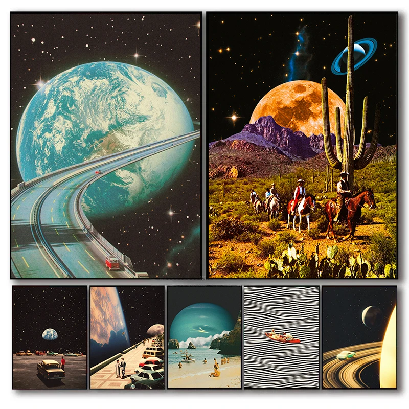 Retro Futuristic Surreal Cosmic Space Cowboy Highway Saturn Beach Poster Canvas Painting Wall Art Pictures Home Room Decor