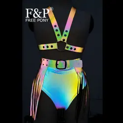 Rainbow Reflective Leather Harness Outfits Fringe Clothing  Burning Man Festival Costume Gogo Pole Dance Bottom Wear Clothes