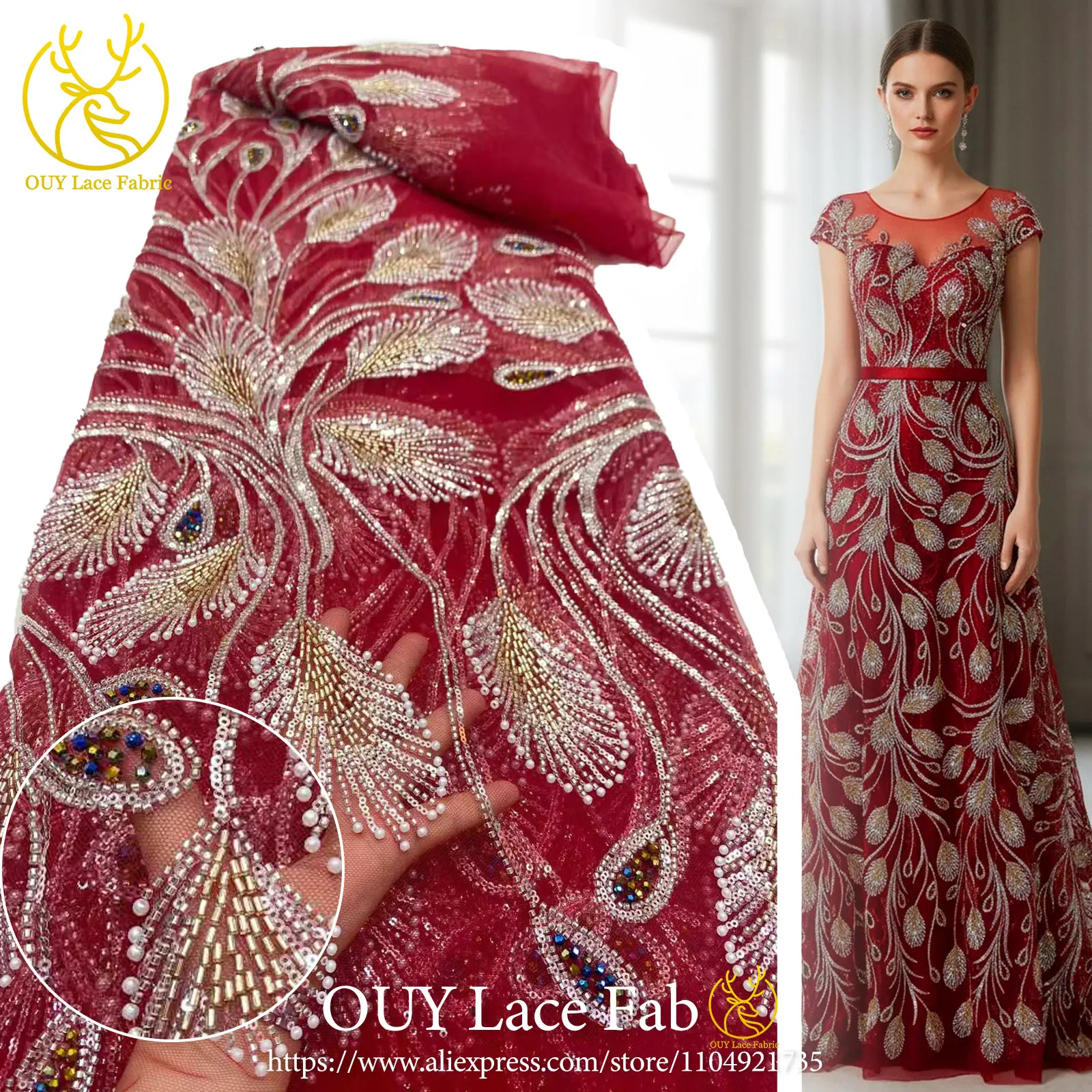 

Red African Beaded Lace Fabric 2026 Latest French-Style Nigerian Sequin Tulle Lace Fabric Ideal for Women's Evening Gowns