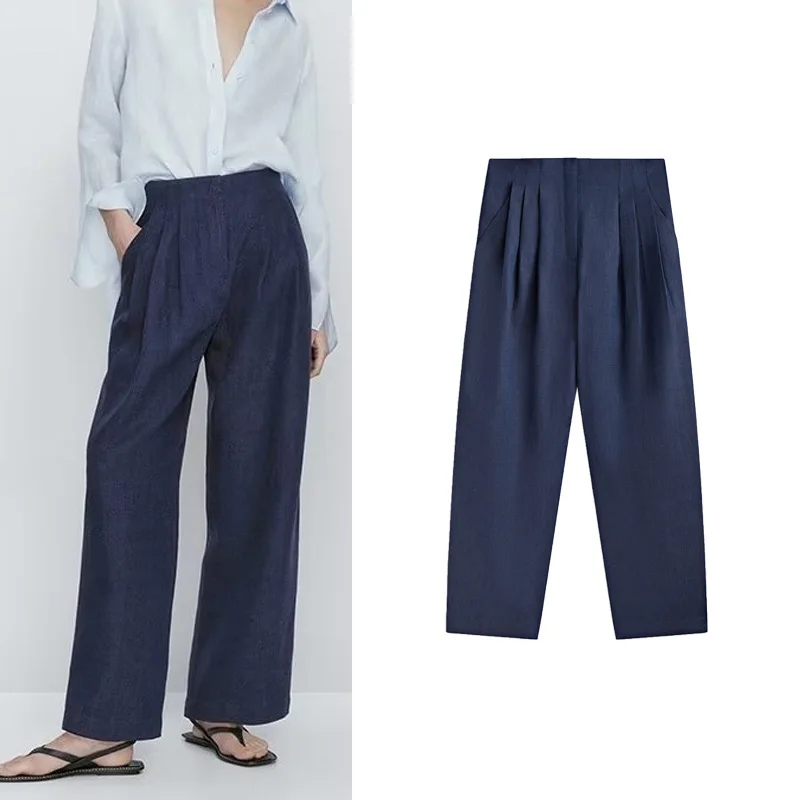 กางเกงขายาวผ้าลินินทรงหลวมสบายสำหรับผู้หญิง สไตล์ลำลอง พับได้ สีน้ำเงิน ทรงตรง ขาตรง ไม่สมมาตร เอว l