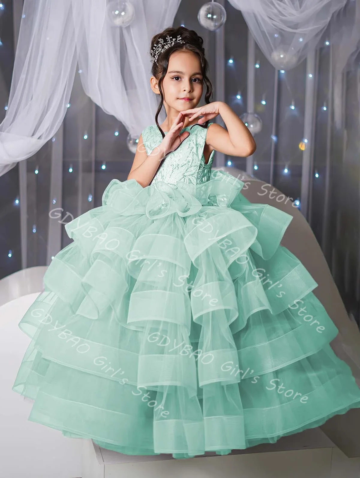 ที่กําหนดเองTulle Ruffledเจ้าหญิงประกวดชุดยาวลูกปัดApplique Layeredดอกไม้สาวชุดโบว์วันเกิดParty Ball Gown