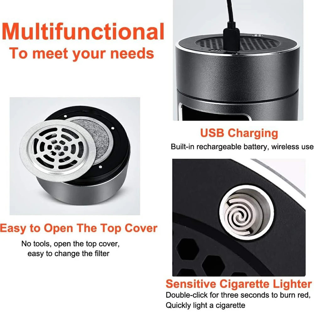 3 in 1 Multifunction Ashtray Smokeless Portable Ashtrays Filter USB Rechargeable for Car Indoor Outdoor Protect Family Health