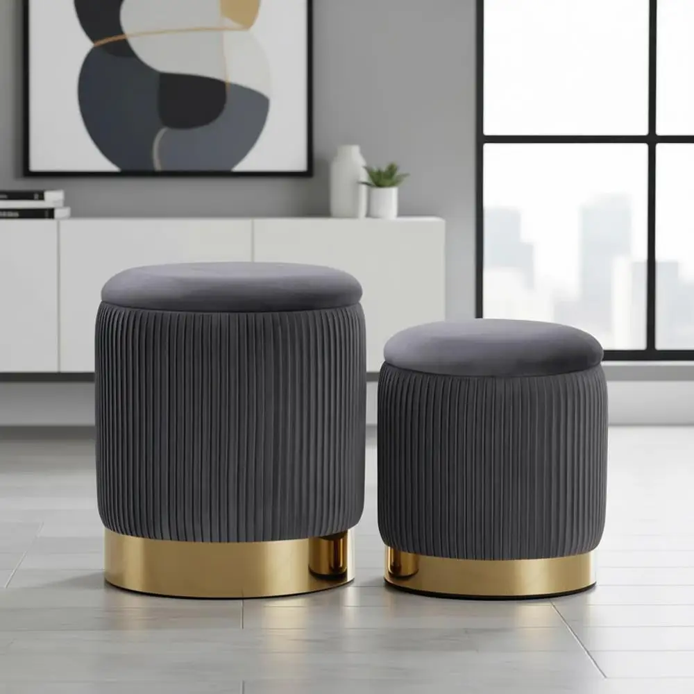 

Gray Velvet Storage Ottoman Set with 2 Upholstered Vanity Stools for Living Room