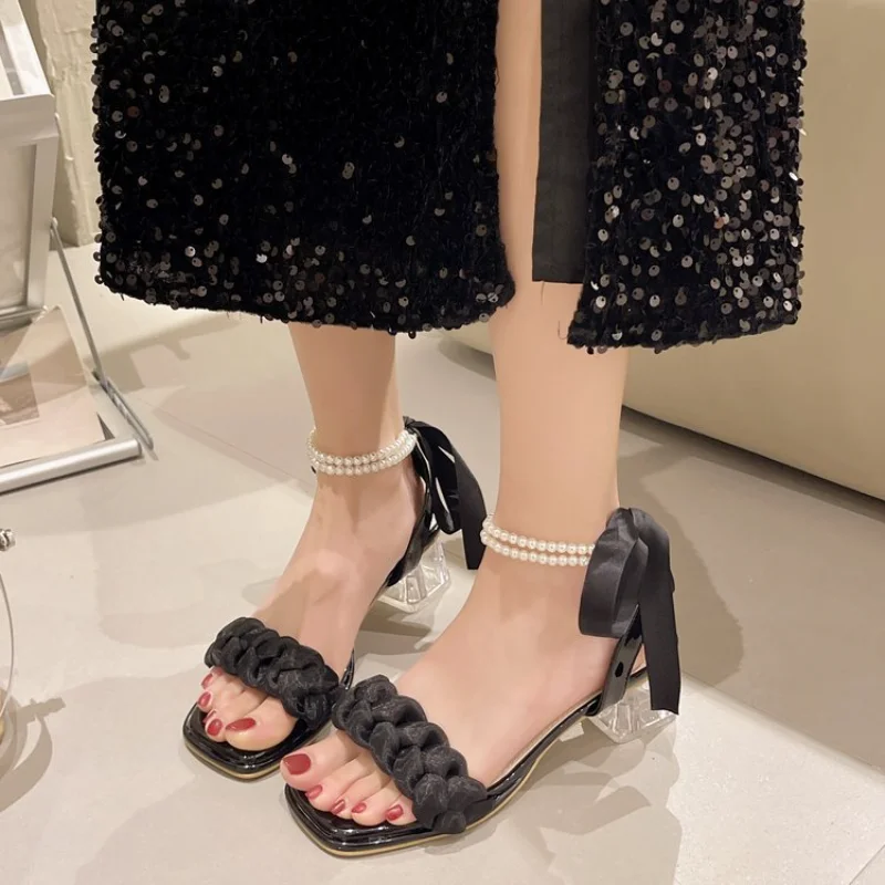 босоножки женские Women Sandals Transparent Chunky Fashion Pumps Elegant Mesh Weaving Pearl Women Shoe Ladies SHigh Heel Sandals