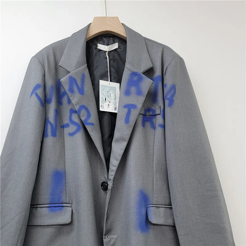 GetSpring Women Blazer 2025 Graffiti Letters Single Breasted Long Sleeve Ladies Black Blazer Coat Loose Women's Long Suit Jacket