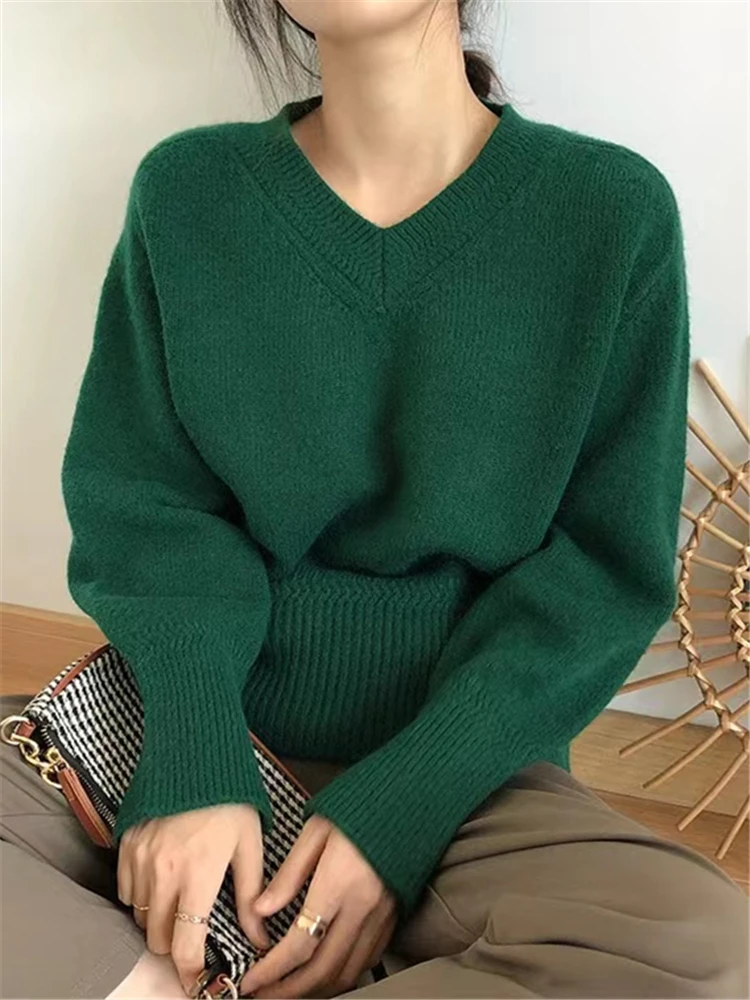 REALEFT Autumn Winter Green Knitted Women's Sweater 2022 New Puff Sleeve V-Neck Casual Pullover Sweater Solid Knitwear Female