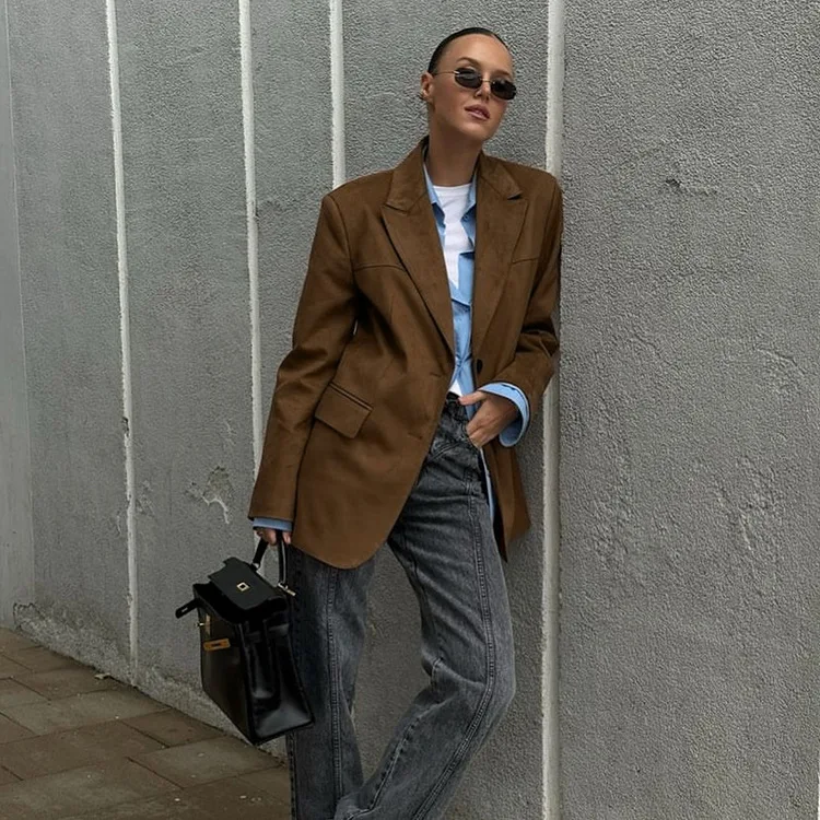 

Brown Suede Blazer Jacket Women Vintage Fall Spring Suede Coat Blazers Outerwear Ladies Casual Tops