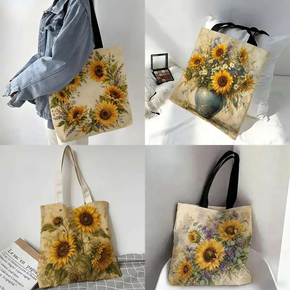 Sunflower & Purple Flower Storage Bags Storage Bags Canvas Tote Bag Large Capacity Shoulder Fashion Eco Shopping Handbag