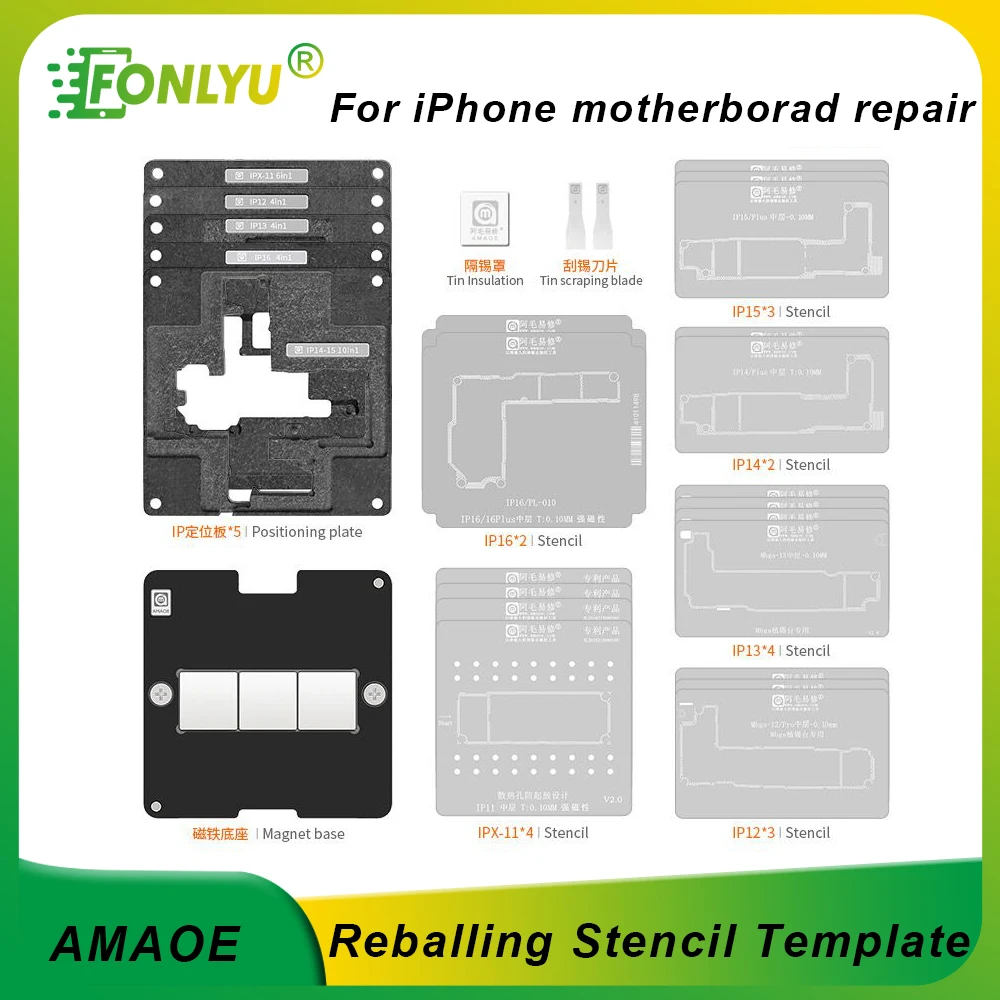 AMAOE 28in 1 Middle Layer Reballing Stencil Template Station for iPhone 16 16Promax 15 14 IC Chip Rework Motherboard Repair Tool